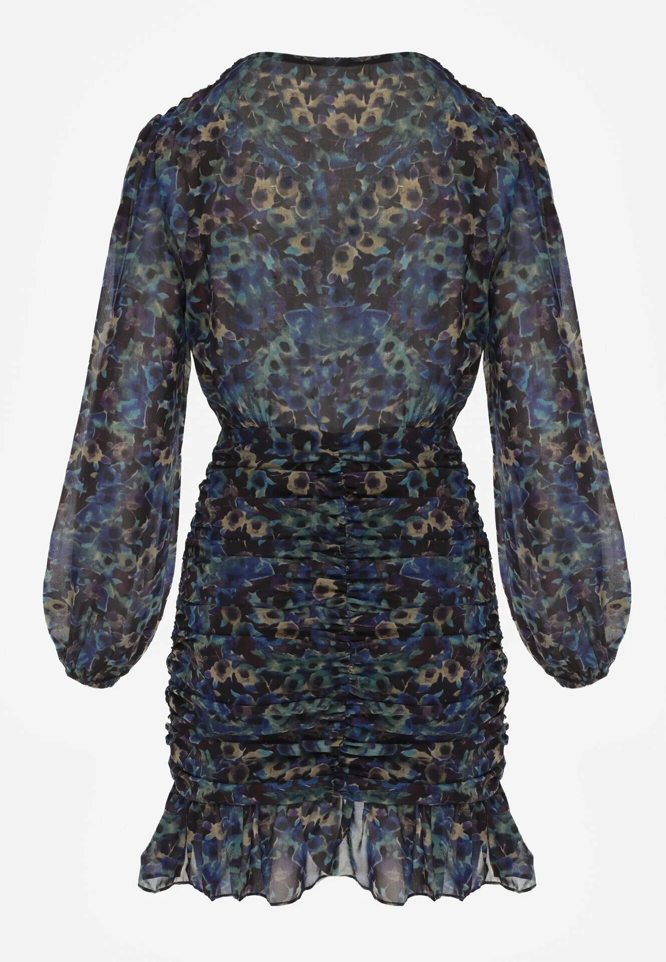 retro & icone Rochie Negru-Albastră Mulată Florală cu încrețituri și volane Mirilia