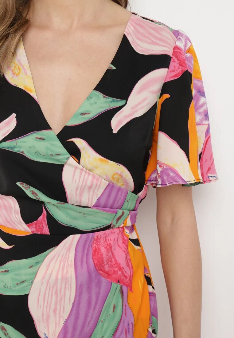 retro & icone Rochie Negru-Roz cu Mânecă Scurtă și Decolteu Petrecut Efinue