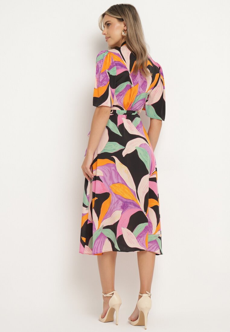 retro & icone Rochie Negru-Violet cu Decolteu Petrecut și Nod în Talie Quopia
