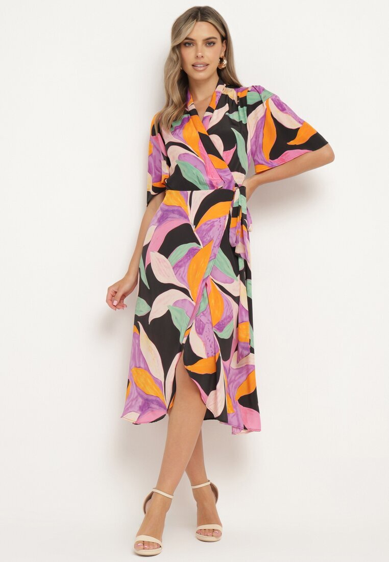 retro & icone Rochie Negru-Violet cu Decolteu Petrecut și Nod în Talie Quopia