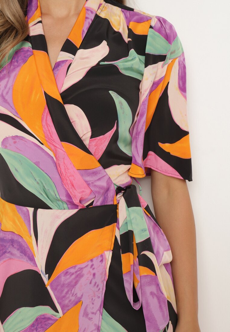 retro & icone Rochie Negru-Violet cu Decolteu Petrecut și Nod în Talie Quopia
