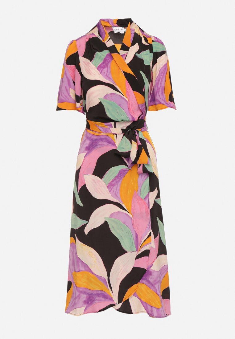 retro & icone Rochie Negru-Violet cu Decolteu Petrecut și Nod în Talie Quopia