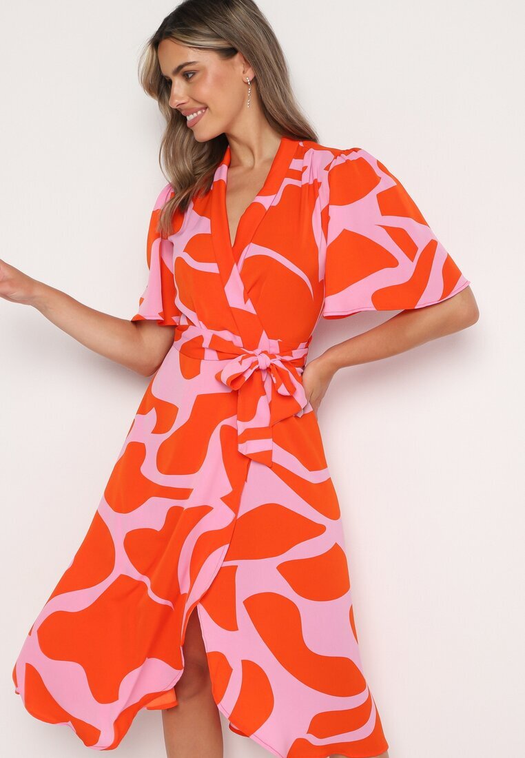 retro & icone Rochie Portocalie-Roz Croi petrecut cu Legătură în Talie Raviara