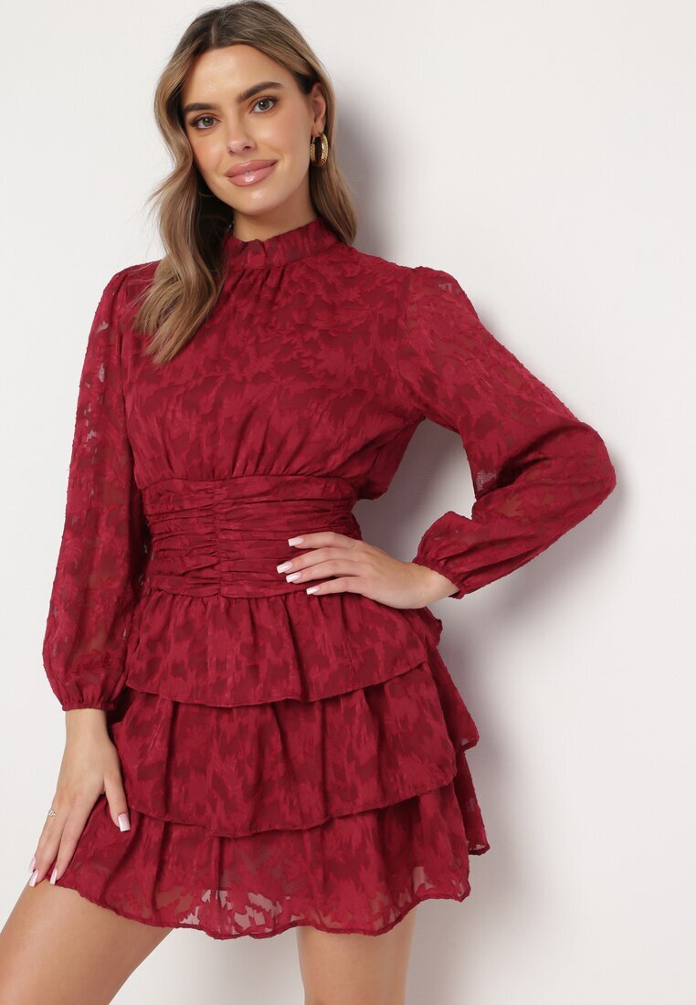 retro & icone Rochie roșie cambrată mini din dantelă cu volane Ciluna