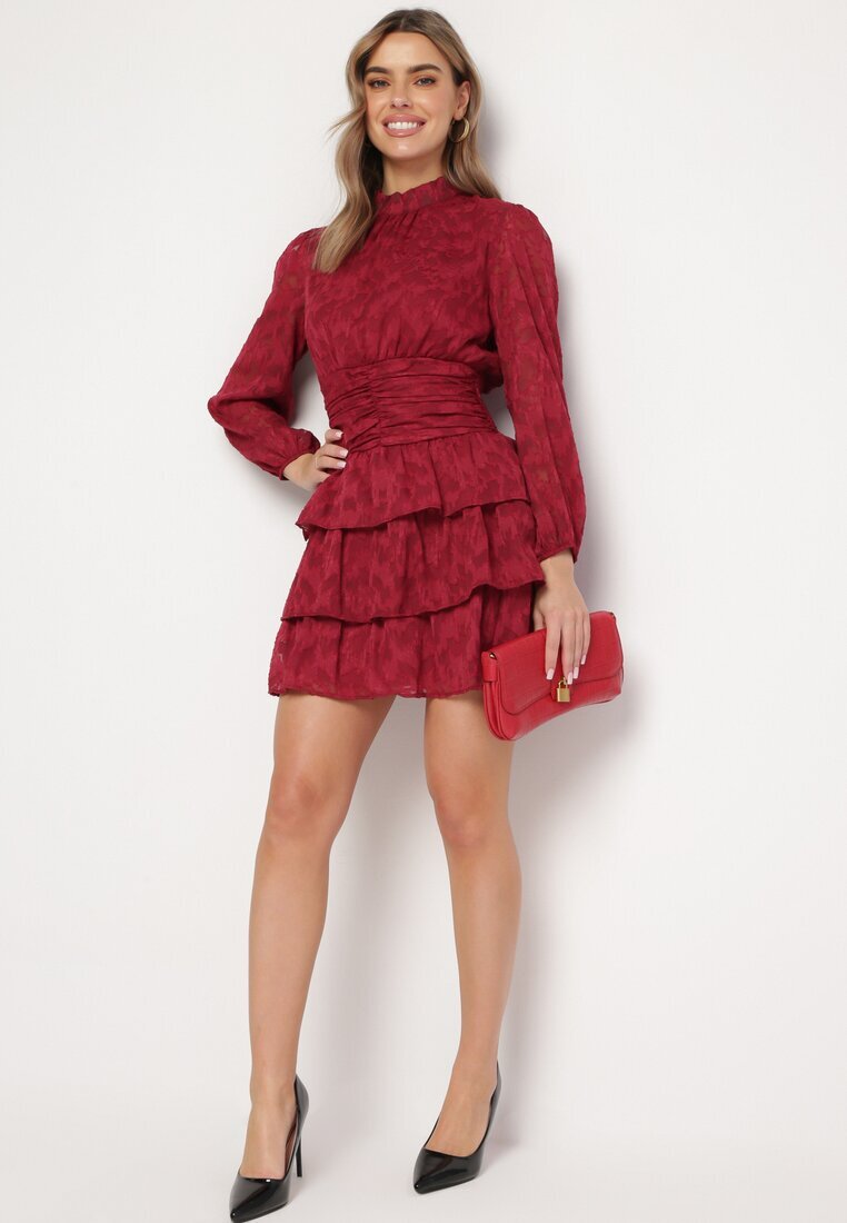 retro & icone Rochie roșie cambrată mini din dantelă cu volane Ciluna