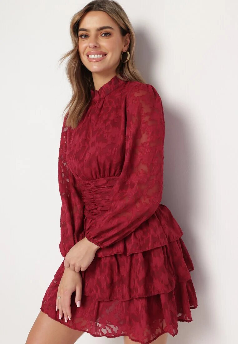 retro & icone Rochie roșie cambrată mini din dantelă cu volane Ciluna