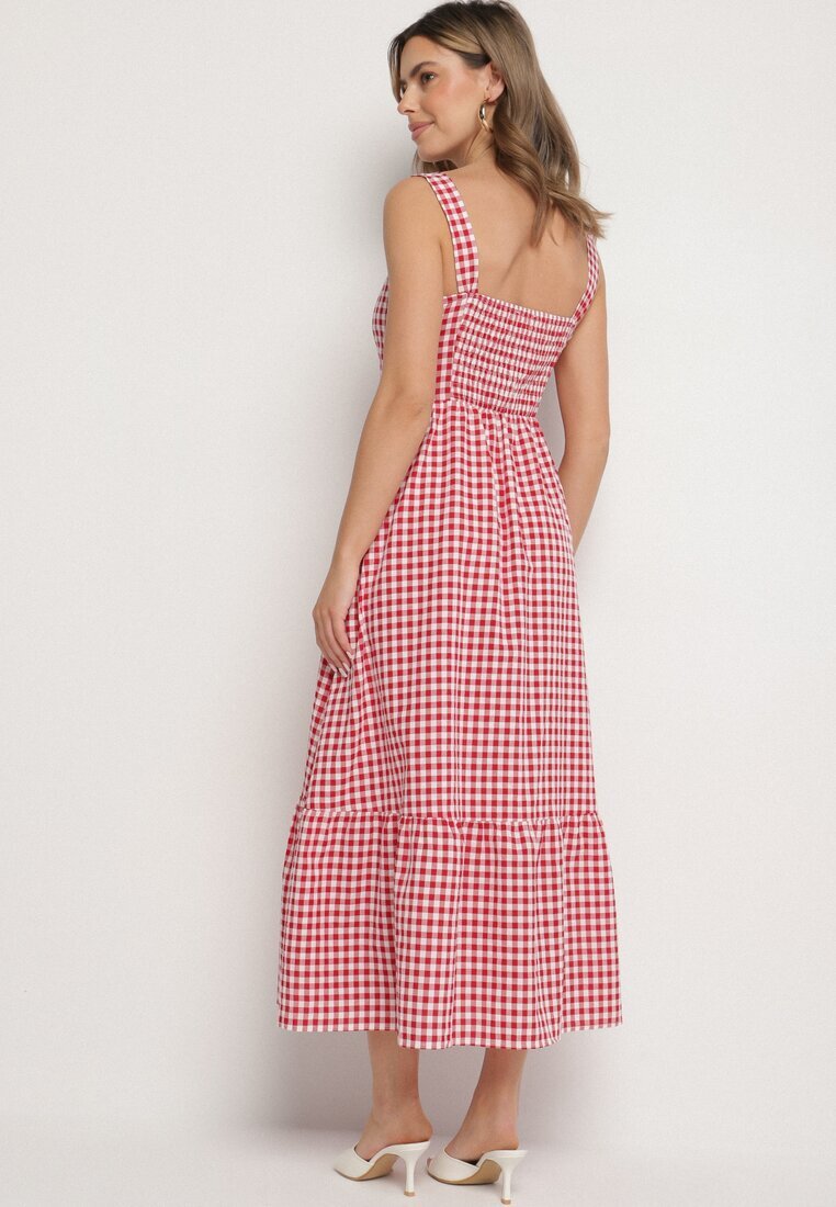 retro & icone Rochie Roșie în carouri mici Decorată cu nasturi Lenimme