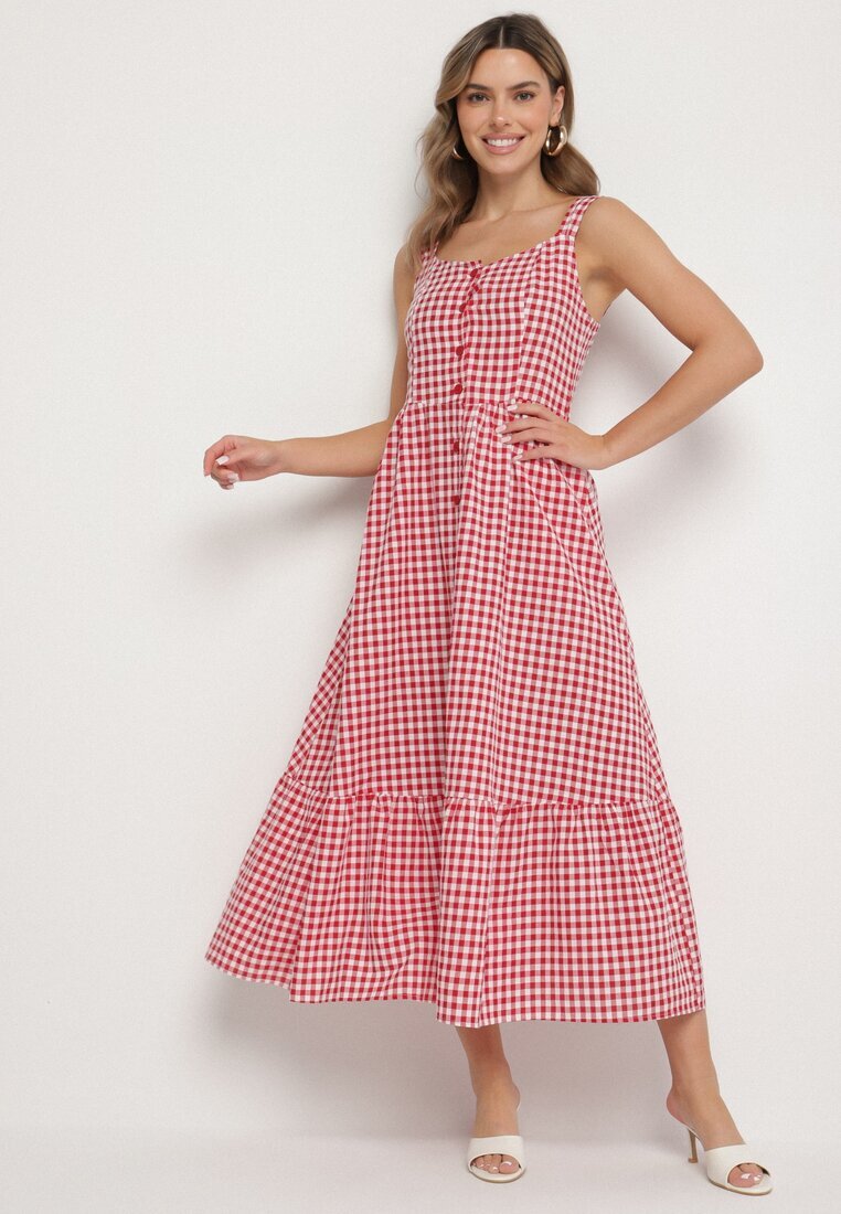 retro & icone Rochie Roșie în carouri mici Decorată cu nasturi Lenimme