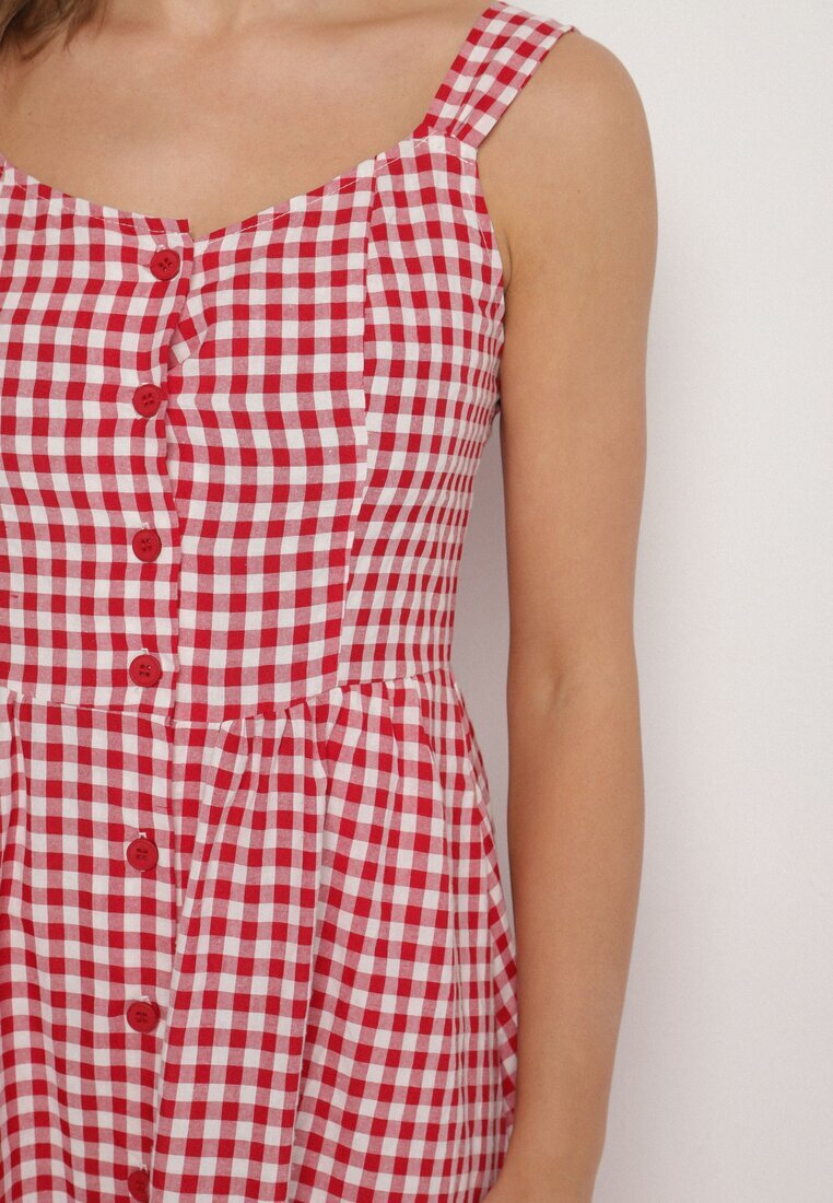 retro & icone Rochie Roșie în carouri mici Decorată cu nasturi Lenimme