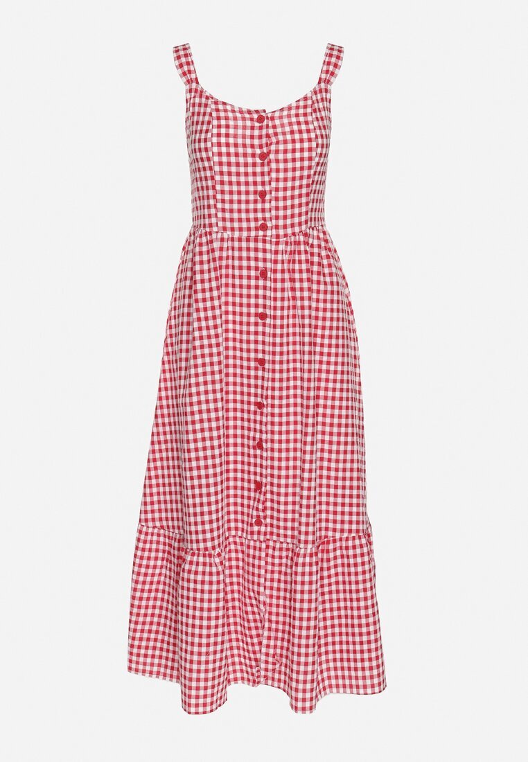 retro & icone Rochie Roșie în carouri mici Decorată cu nasturi Lenimme