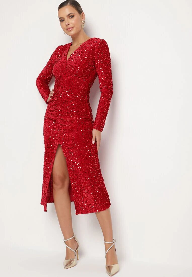 retro & icone Rochie Roșie Petrecută Încrețită Cu Paiete Bonilda