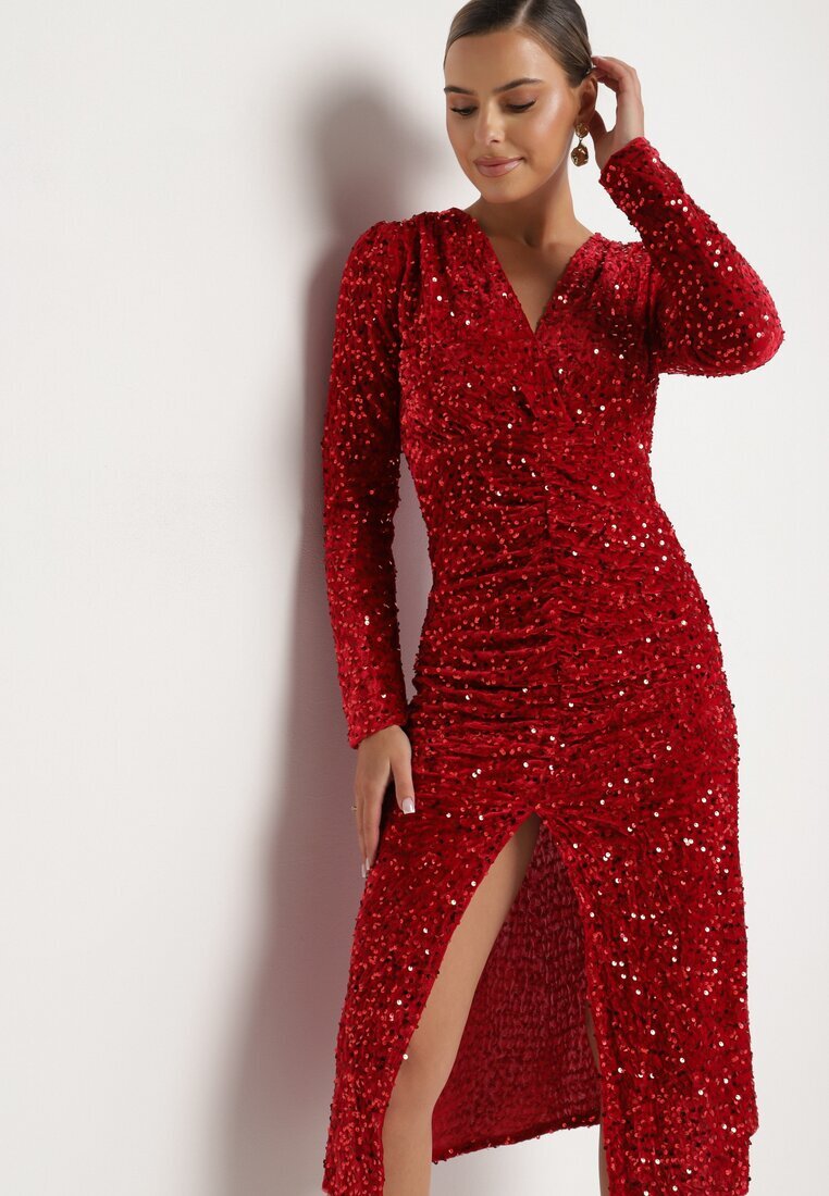 retro & icone Rochie Roșie Petrecută Încrețită Cu Paiete Bonilda