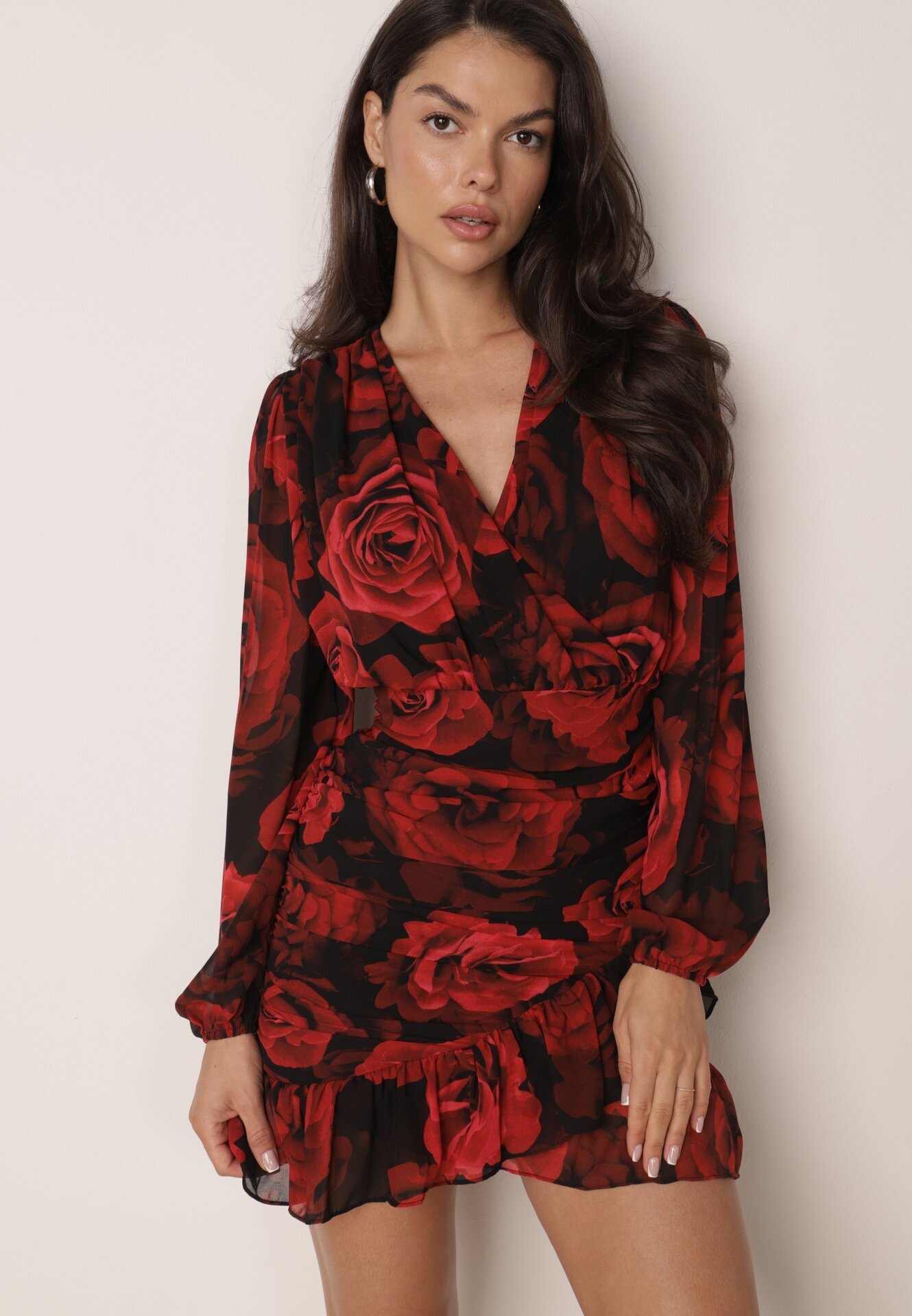 retro & icone Rochie roșie plic cu încrețituri și volan cu imprimeu floral Ceatera