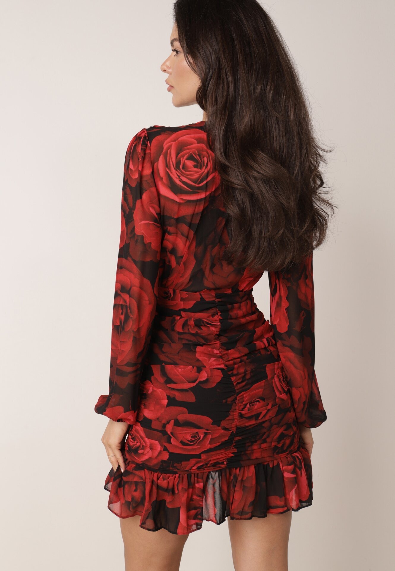 retro & icone Rochie roșie plic cu încrețituri și volan cu imprimeu floral Ceatera