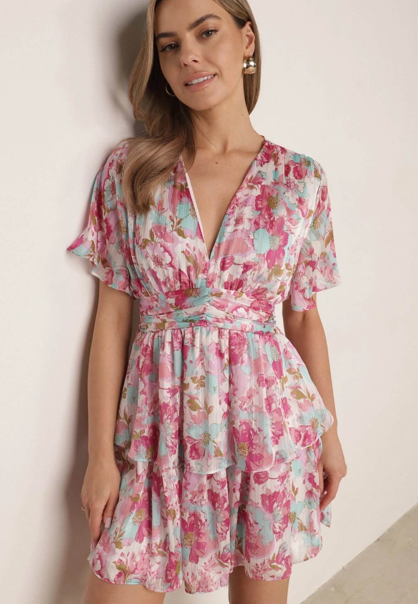 retro & icone Rochie Roz Cloș cu elastic în talie decorată cu volane și căptușeală tricotată Xinelia