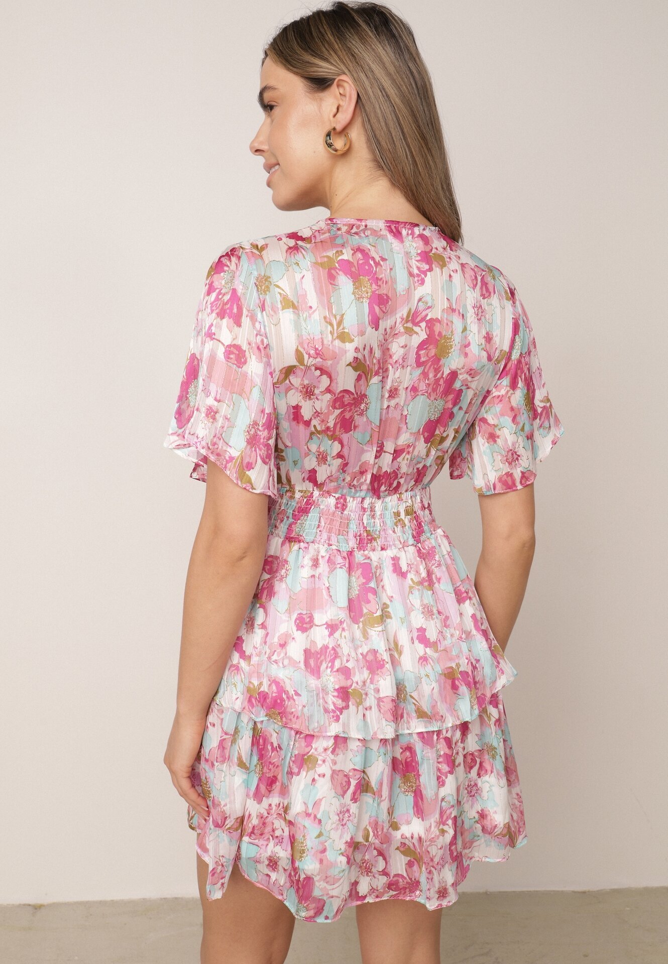 retro & icone Rochie Roz Cloș cu elastic în talie decorată cu volane și căptușeală tricotată Xinelia