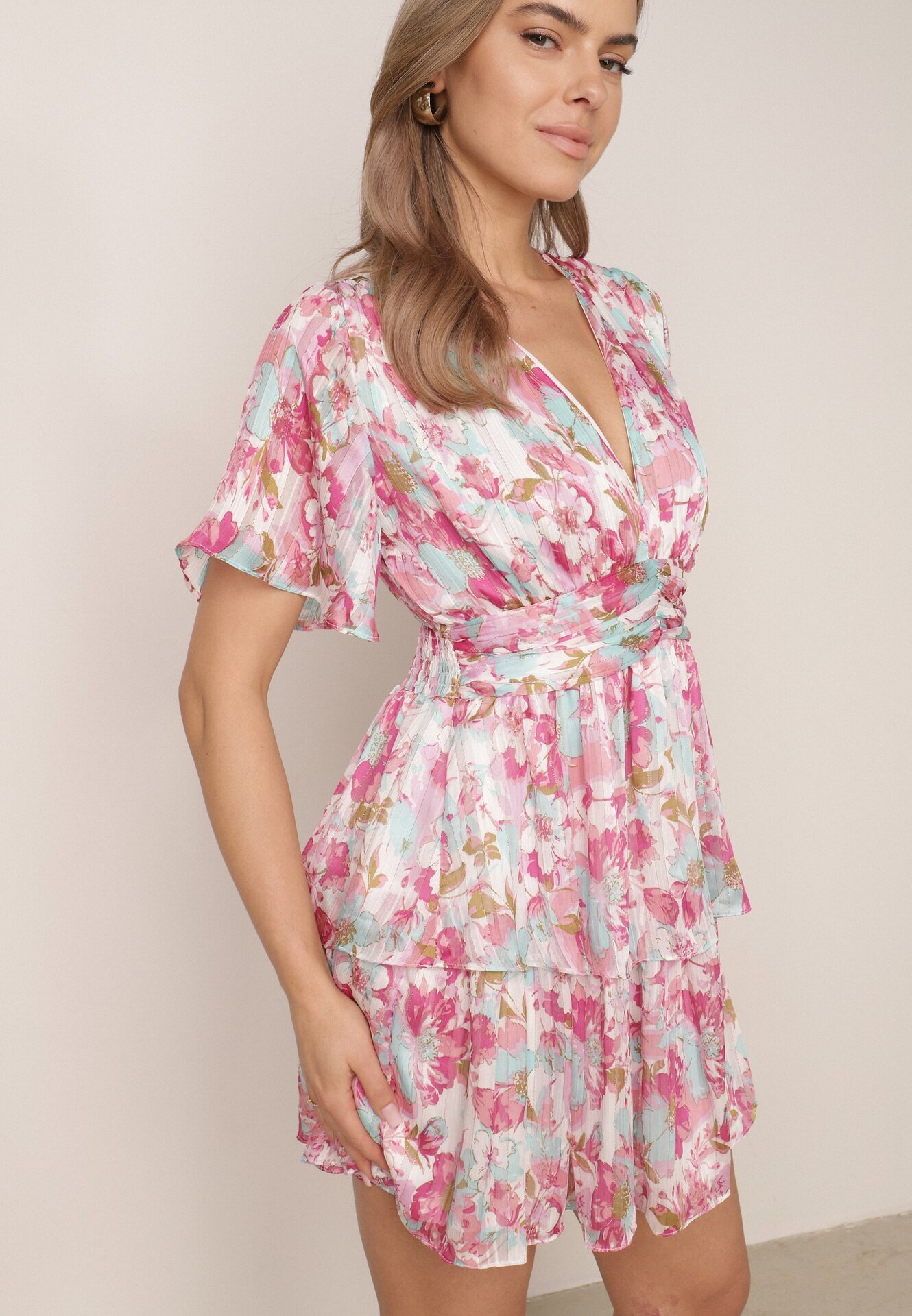 retro & icone Rochie Roz Cloș cu elastic în talie decorată cu volane și căptușeală tricotată Xinelia