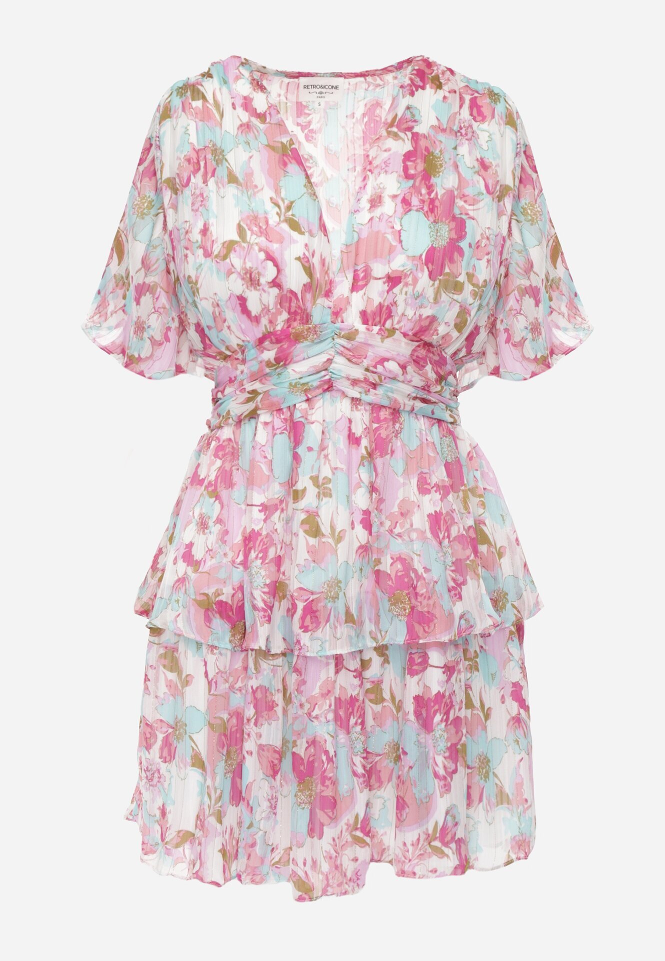 retro & icone Rochie Roz Cloș cu elastic în talie decorată cu volane și căptușeală tricotată Xinelia