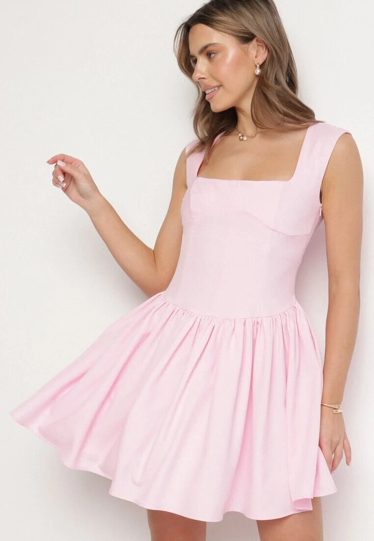 retro & icone Rochie Roz Cloș Ornată cu Decolteu Pătrat Halelira