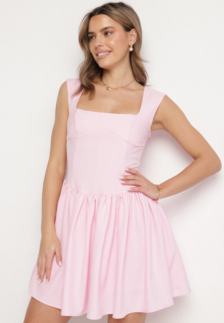retro & icone Rochie Roz Cloș Ornată cu Decolteu Pătrat Halelira