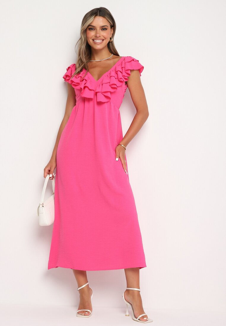 retro & icone Rochie Roz Cocktail pe bretele cu volan și elastic la spate și decupaje Vimareina