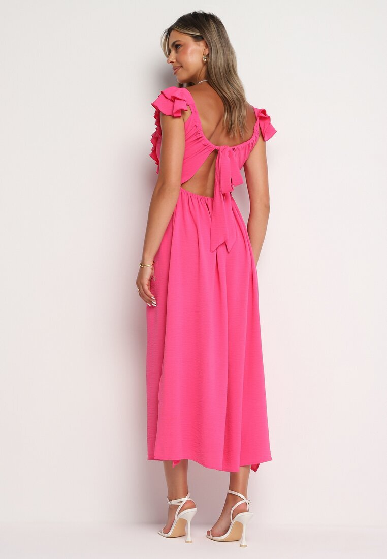retro & icone Rochie Roz Cocktail pe bretele cu volan și elastic la spate și decupaje Vimareina