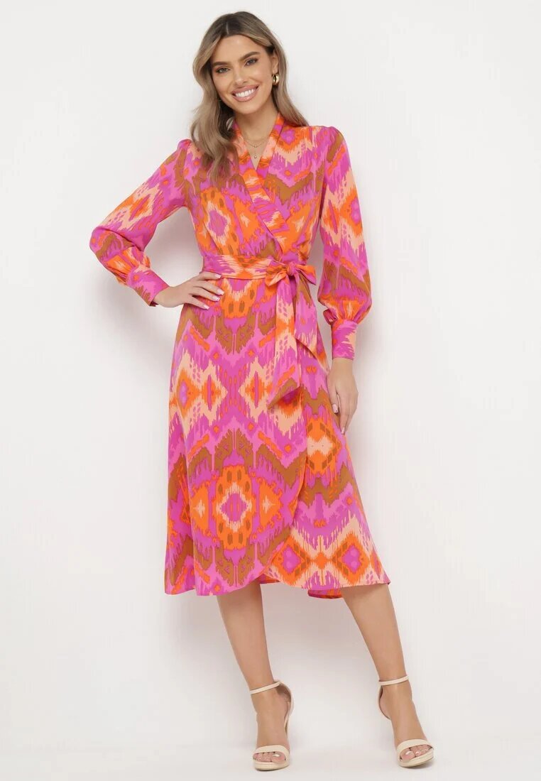 retro & icone Rochie Roz Tip plic Midi cu Centură în Talie și Model Ikat Kllerdia