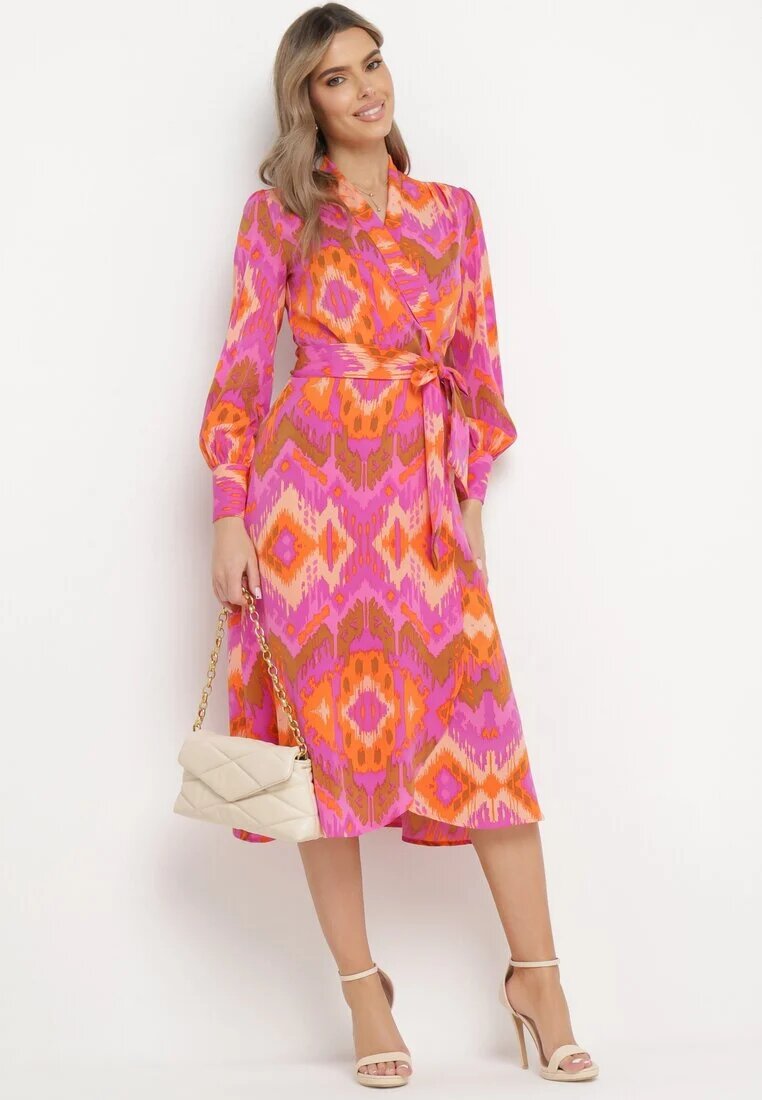 retro & icone Rochie Roz Tip plic Midi cu Centură în Talie și Model Ikat Kllerdia
