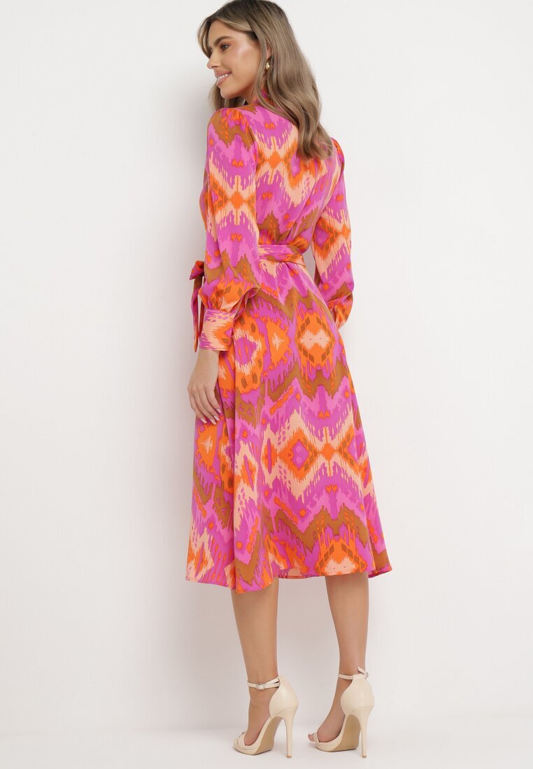 retro & icone Rochie Roz Tip plic Midi cu Centură în Talie și Model Ikat Kllerdia