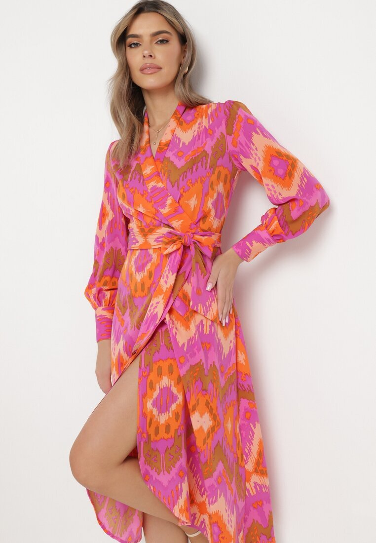 retro & icone Rochie Roz Tip plic Midi cu Centură în Talie și Model Ikat Kllerdia