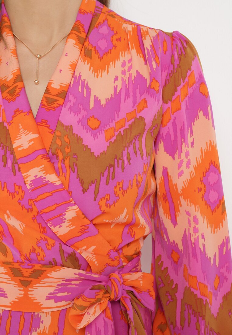 retro & icone Rochie Roz Tip plic Midi cu Centură în Talie și Model Ikat Kllerdia