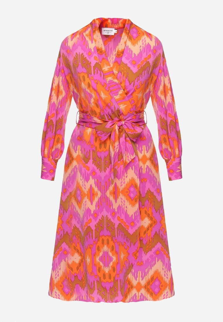 retro & icone Rochie Roz Tip plic Midi cu Centură în Talie și Model Ikat Kllerdia