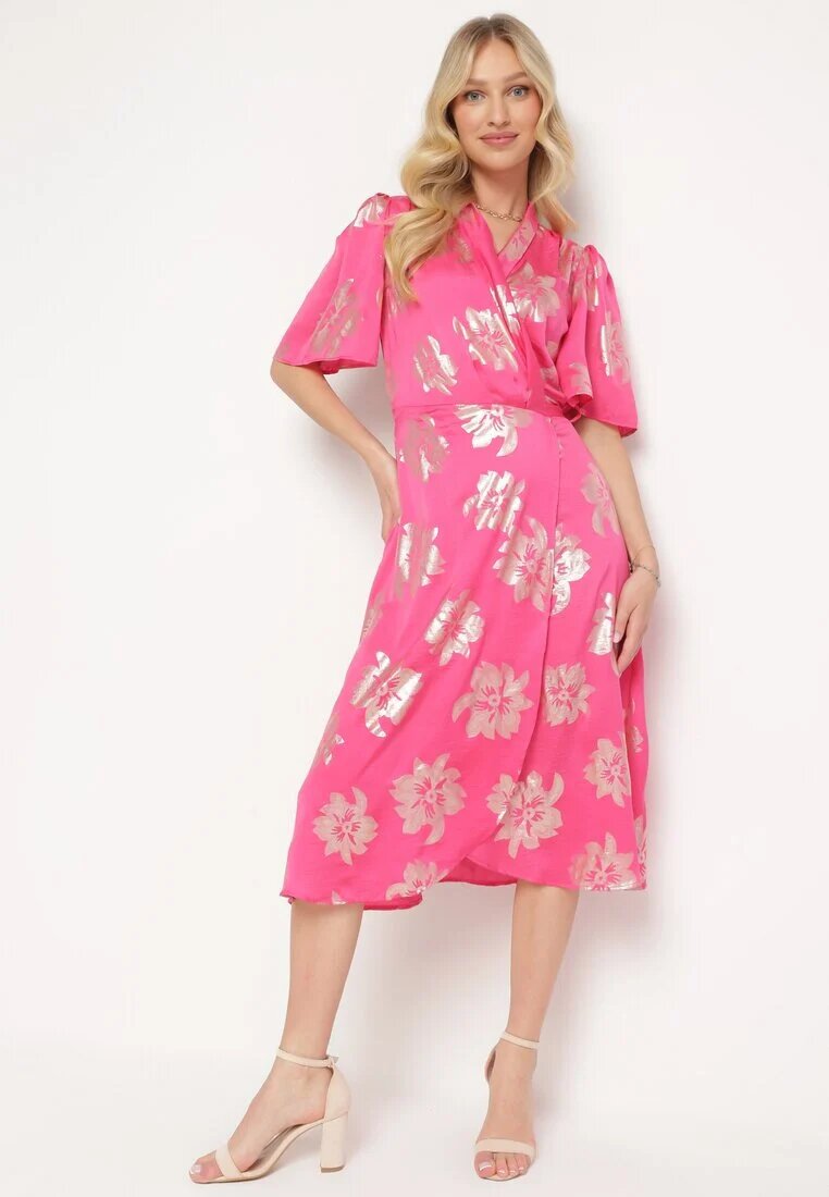retro & icone Rochie Roză Petrecută cu Model Metalic Floral Legată în Talie Firiona