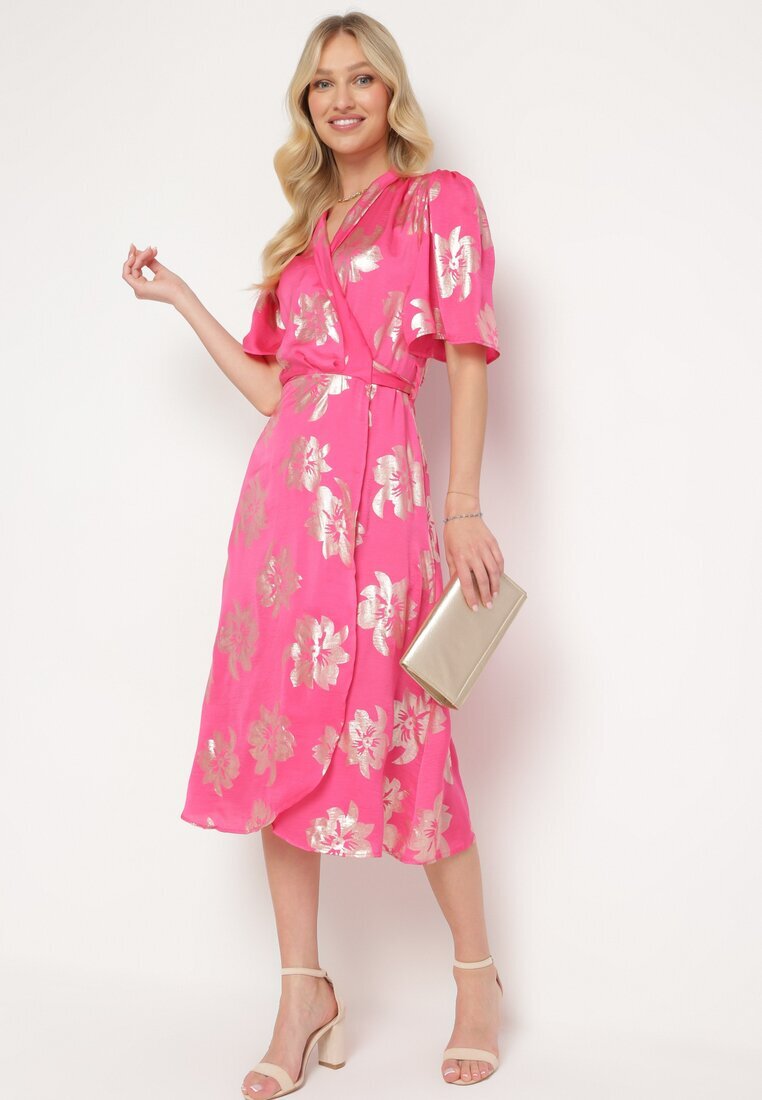 retro & icone Rochie Roză Petrecută cu Model Metalic Floral Legată în Talie Firiona