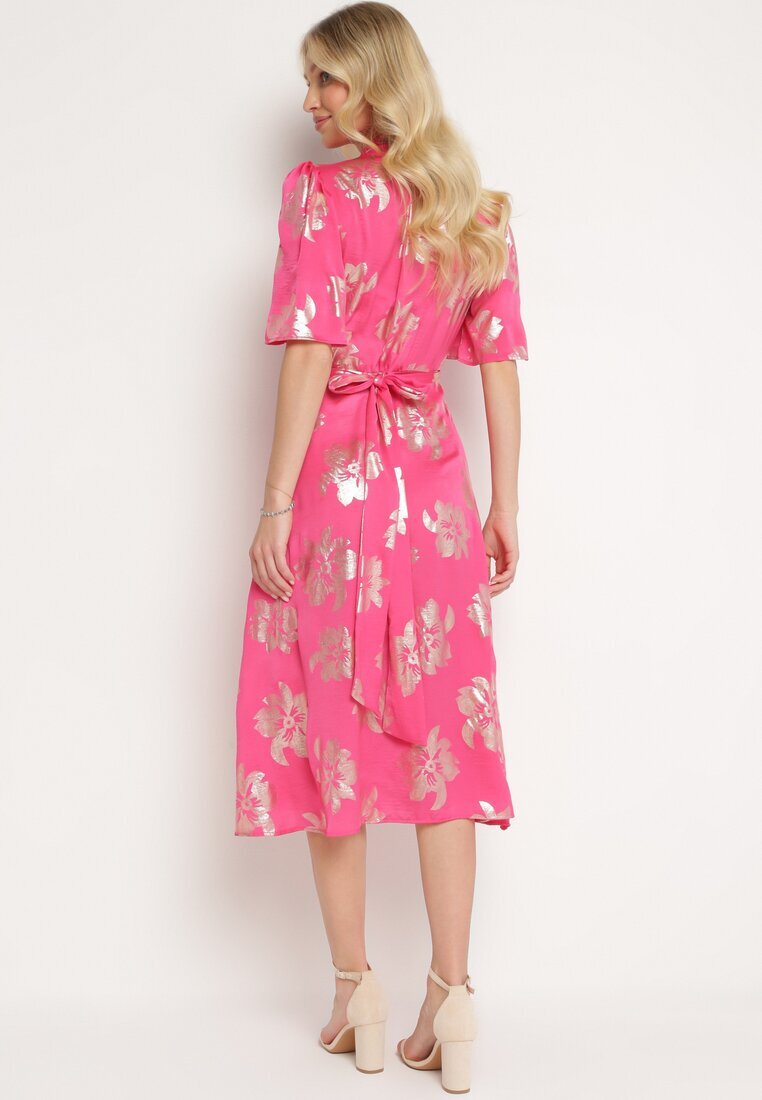 retro & icone Rochie Roză Petrecută cu Model Metalic Floral Legată în Talie Firiona
