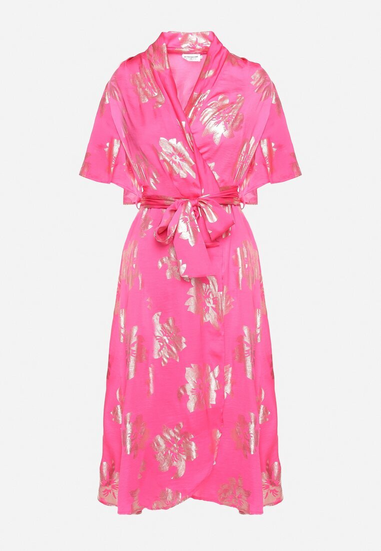 retro & icone Rochie Roză Petrecută cu Model Metalic Floral Legată în Talie Firiona
