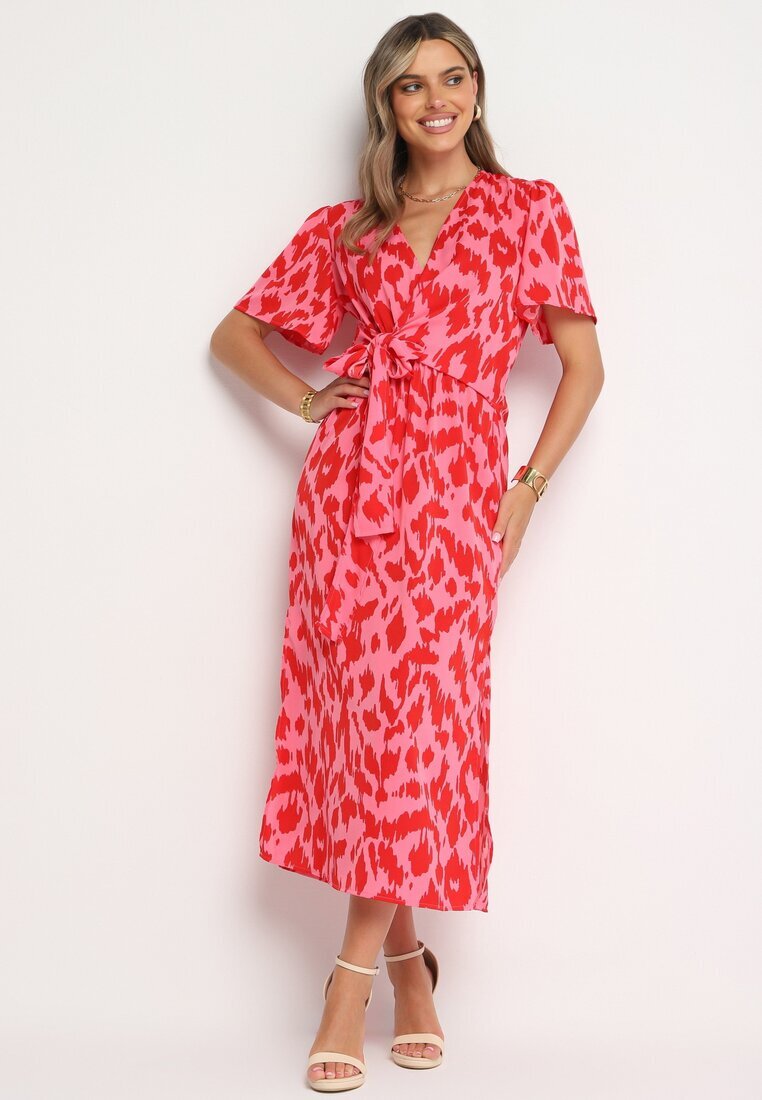 retro & icone Rochie tip plic Roșu-Roz cu elastic în talie și curea din material textil cu decupaje decorative Agea