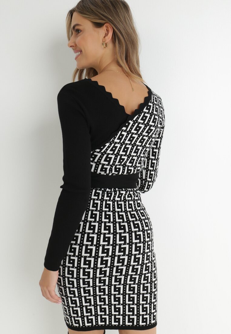 retro & icone Rochie tricotată alb-negru cu model geometric și decolteu petrecut Mazia