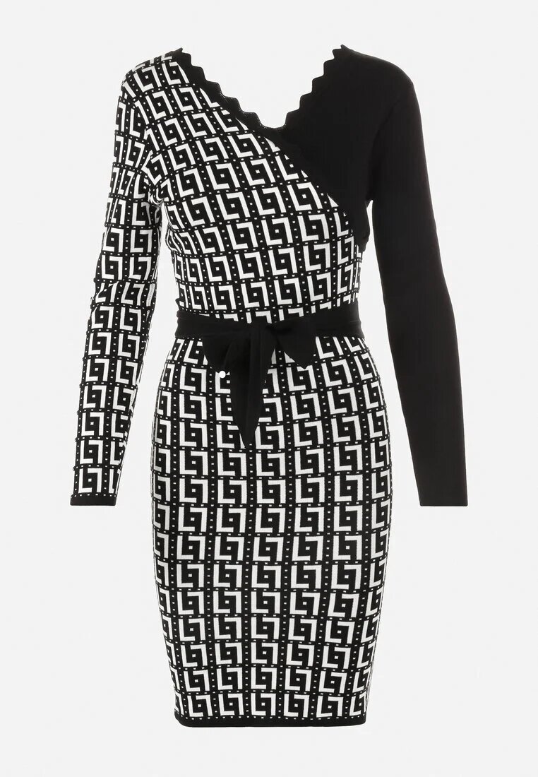 retro & icone Rochie tricotată alb-negru cu model geometric și decolteu petrecut Mazia