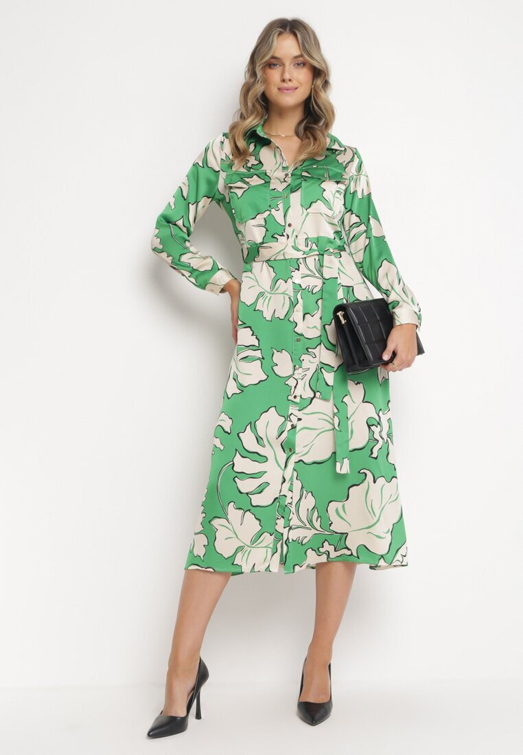 retro & icone Rochie Verde Cămașă cu Nasturi cu Flori Mivy