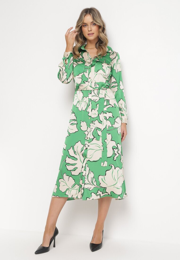 retro & icone Rochie Verde Cămașă cu Nasturi cu Flori Mivy