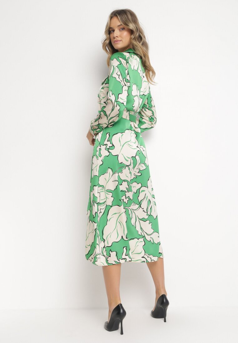 retro & icone Rochie Verde Cămașă cu Nasturi cu Flori Mivy