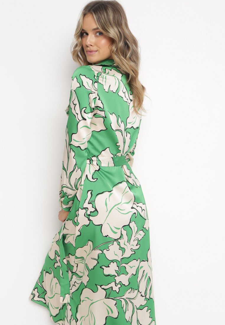 retro & icone Rochie Verde Cămașă cu Nasturi cu Flori Mivy