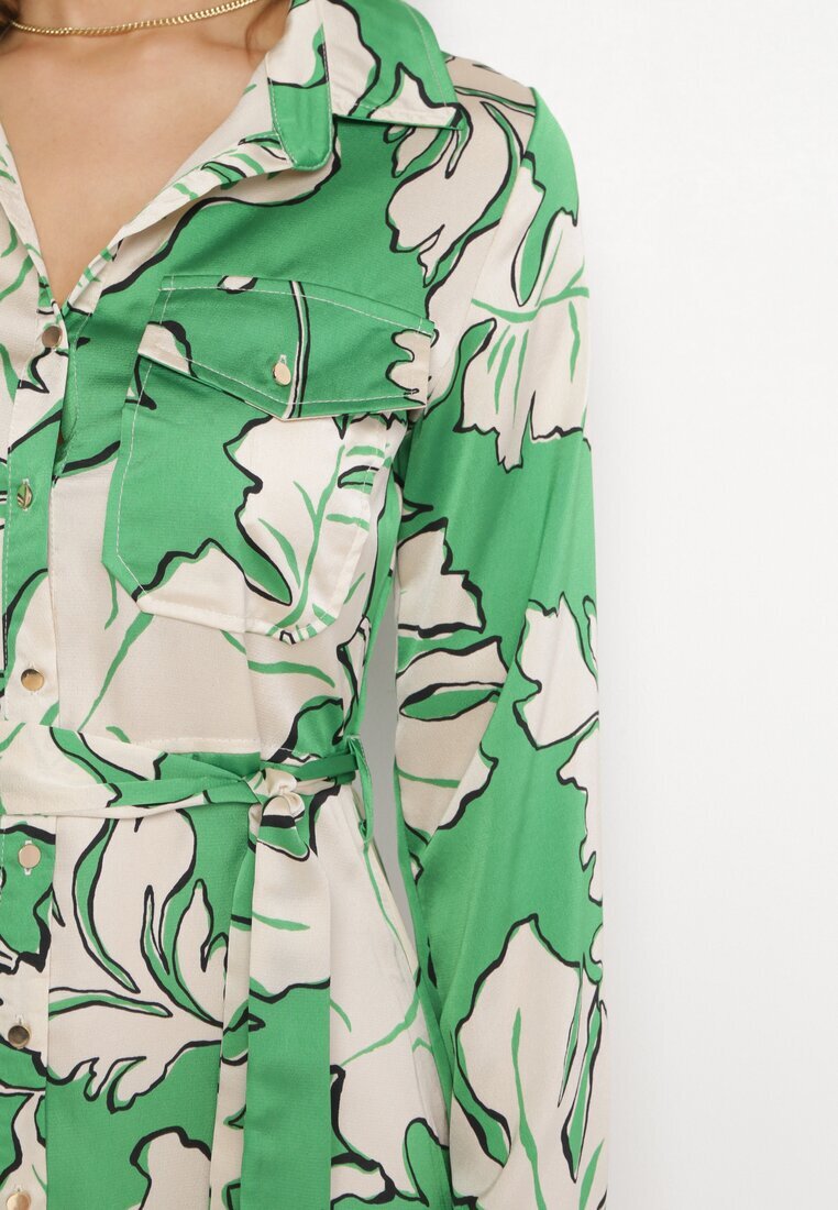 retro & icone Rochie Verde Cămașă cu Nasturi cu Flori Mivy