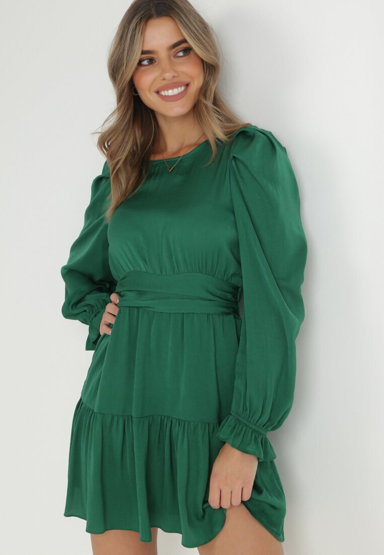 retro & icone Rochie Verde Cambrată cu Volane Klasino