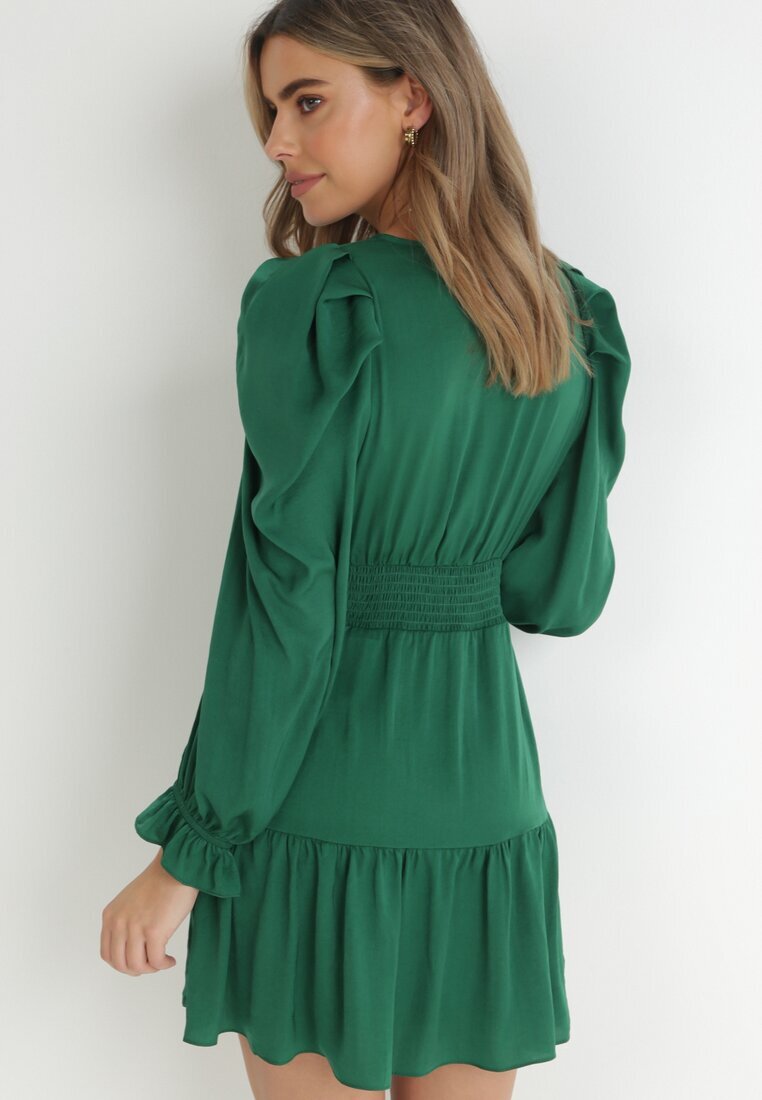 retro & icone Rochie Verde Cambrată cu Volane Klasino