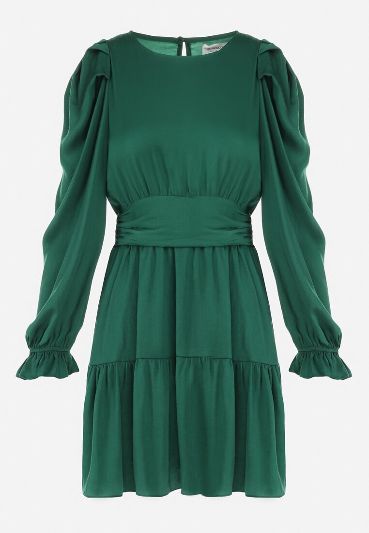 retro & icone Rochie Verde Cambrată cu Volane Klasino