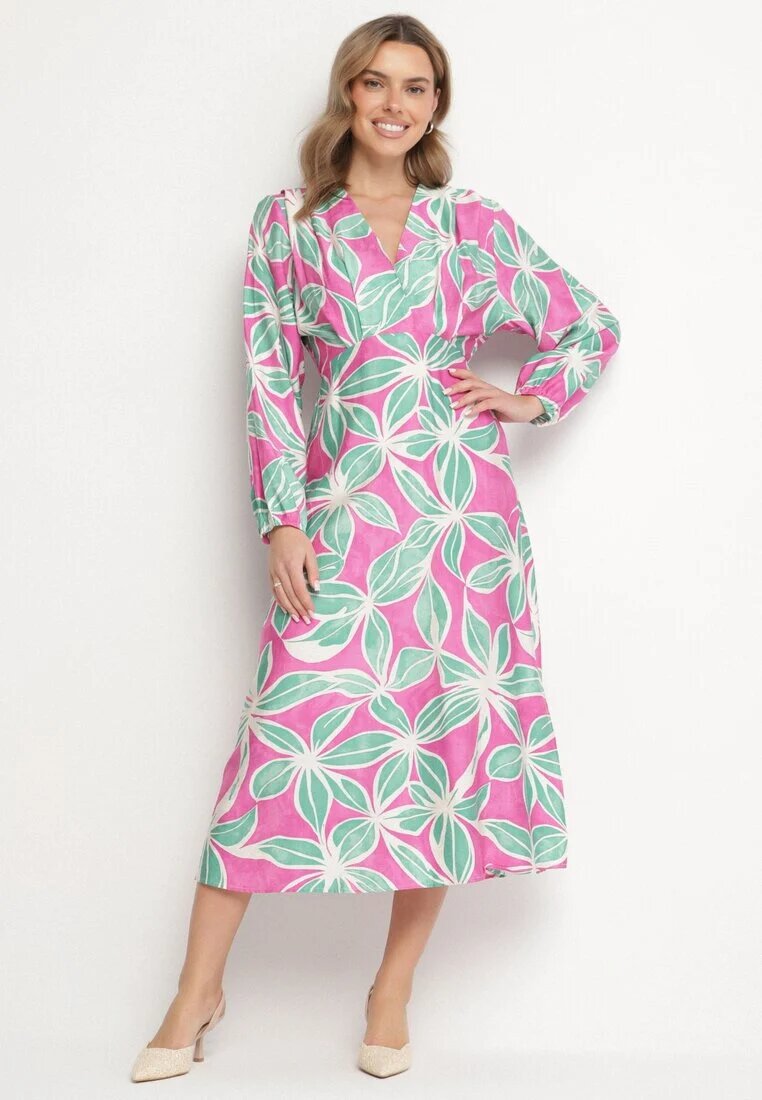 retro & icone Rochie Verde-Fuchsia Florală din Viscoză cu Decolteu Petrecut Selliora