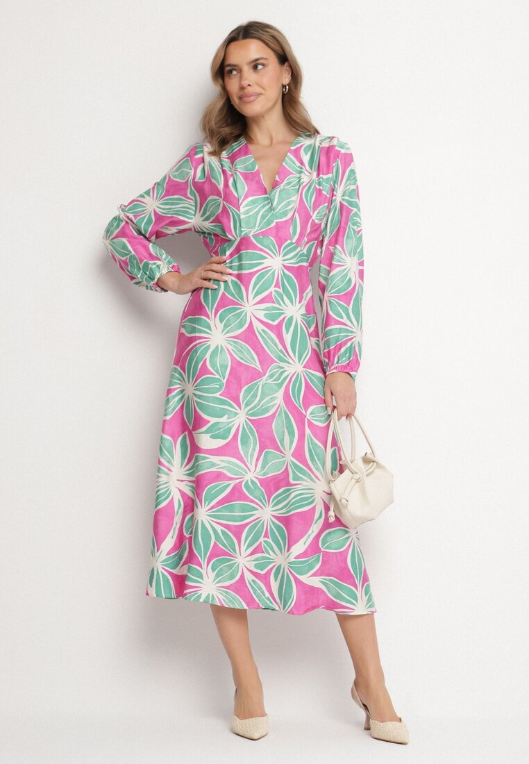 retro & icone Rochie Verde-Fuchsia Florală din Viscoză cu Decolteu Petrecut Selliora