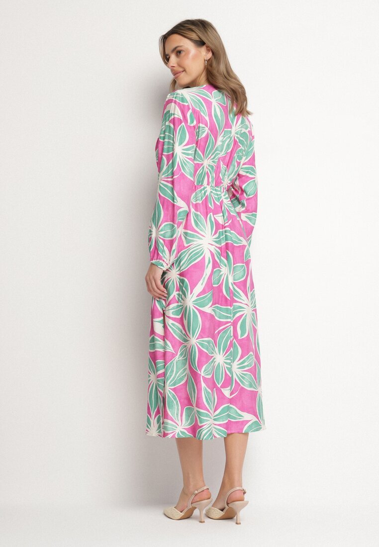 retro & icone Rochie Verde-Fuchsia Florală din Viscoză cu Decolteu Petrecut Selliora